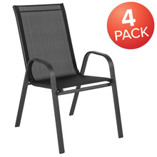 Load image into Gallery viewer, 4 Pack Black Outdoor Stack Chair with Flex Comfort Material and Metal Frame