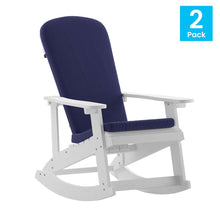 Load image into Gallery viewer, Set of 2 Adirondack Rocking Chairs in White with Blue Cushions, Porch, and Patio