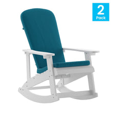 Load image into Gallery viewer, Set of 2 Adirondack Rocking Chairs in White with Teal Cushions, Porch, and Patio