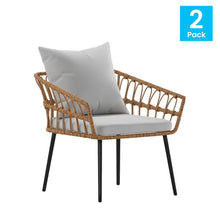 Load image into Gallery viewer, Set of 2 Boho Rope Rattan Wicker Patio Chairs with Gray Cushions, Natural