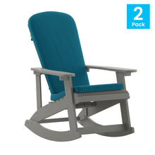 Load image into Gallery viewer, Set of 2 Adirondack Rocking Chairs in Gray with Teal Cushions, Porch, and Patio