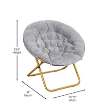 Load image into Gallery viewer, 38" Portable Faux Fur Folding Saucer Moon Chair, Gray Faux Fur/Soft Gold Frame