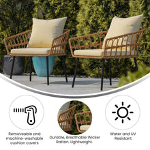 Load image into Gallery viewer, Set of 2 Boho Rope Rattan Wicker Patio Chairs with Cream Cushions, Natural