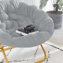 Load image into Gallery viewer, 38" Portable Faux Fur Folding Saucer Moon Chair, Gray Faux Fur/Soft Gold Frame