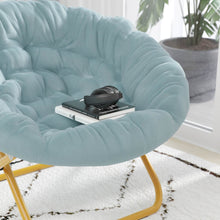 Load image into Gallery viewer, 38" Portable Folding Saucer Moon Chair, Dusty Aqua Faux Fur/Soft Gold Frame