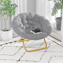 Load image into Gallery viewer, 38" Portable Faux Fur Folding Saucer Moon Chair, Gray Faux Fur/Soft Gold Frame