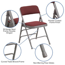 Load image into Gallery viewer, HERCULES Series Curved Triple Braced & Double Hinged Burgundy Patterned Fabric Metal Folding Chair