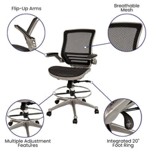 Load image into Gallery viewer, Mid-Back Black Mesh Drafting Chair with Graphite Silver Frame and Flip-Up Arms