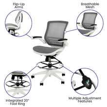 Load image into Gallery viewer, Mid-Back Transparent Gray Mesh Drafting Chair with White Frame and Flip-Up Arms