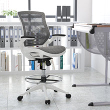 Load image into Gallery viewer, Mid-Back Transparent Gray Mesh Drafting Chair with White Frame and Flip-Up Arms