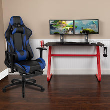 Load image into Gallery viewer, Red Gaming Desk with Cup Holder/Headphone Hook & Blue Reclining Gaming Chair