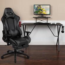 Load image into Gallery viewer, Black Gaming Desk/Headphone Hook and Monitor/Smartphone Stand, Gray Gaming Chair