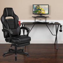 Load image into Gallery viewer, Black Gaming Desk/Headphone Hook/Monitor Stand & Black Back/Arms Gaming Chair