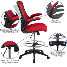 Load image into Gallery viewer, Mid-Back Red Mesh Drafting Chair with Adjustable Foot Ring and Flip-Up Arms