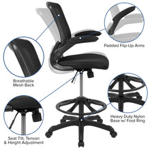 Load image into Gallery viewer, Mid-Back Black Mesh Drafting Chair with Adjustable Foot Ring and Flip-Up Arms