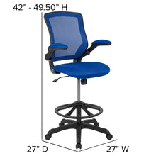 Load image into Gallery viewer, Mid-Back Blue Mesh Drafting Chair with Adjustable Foot Ring and Flip-Up Arms