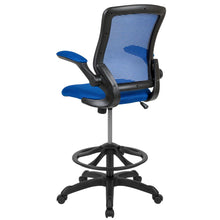 Load image into Gallery viewer, Mid-Back Blue Mesh Drafting Chair with Adjustable Foot Ring and Flip-Up Arms