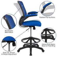 Load image into Gallery viewer, Mid-Back Blue Mesh Drafting Chair with Adjustable Foot Ring and Flip-Up Arms