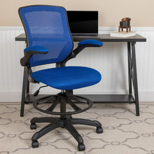 Load image into Gallery viewer, Mid-Back Blue Mesh Drafting Chair with Adjustable Foot Ring and Flip-Up Arms