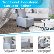 Load image into Gallery viewer, Push Back Recliner Chair - Pillow Back Recliner - Light Gray Fabric Upholstery