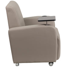 Load image into Gallery viewer, Gray LeatherSoft Guest Chair with Tablet Arm, Front Wheel Casters and Cup Holder