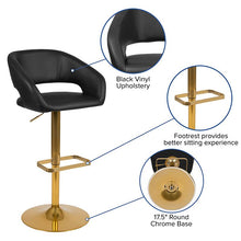 Load image into Gallery viewer, Black Vinyl Adjustable Height Barstool with Rounded Mid-Back and Gold Base