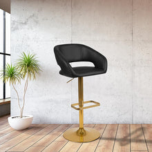 Load image into Gallery viewer, Black Vinyl Adjustable Height Barstool with Rounded Mid-Back and Gold Base