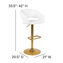 Load image into Gallery viewer, White Vinyl Adjustable Height Barstool with Rounded Mid-Back and Gold Base
