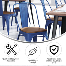 Load image into Gallery viewer, Blue Metal Indoor-Outdoor Stackable Chair with Teak Poly Resin Wood Seat