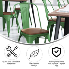 Load image into Gallery viewer, Green Metal Indoor-Outdoor Stackable Chair with Teak Poly Resin Wood Seat