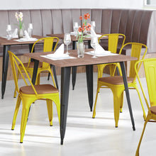 Load image into Gallery viewer, Yellow Metal Indoor-Outdoor Stackable Chair with Teak Poly Resin Wood Seat