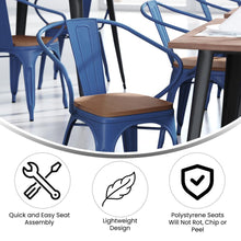 Load image into Gallery viewer, Blue Metal Indoor-Outdoor Chair with Arms with Teak Poly Resin Wood Seat