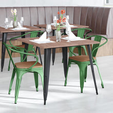 Load image into Gallery viewer, Green Metal Indoor-Outdoor Chair with Arms with Teak Poly Resin Wood Seat