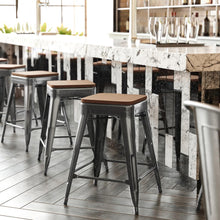 Load image into Gallery viewer, 24" High Black Metal Indoor-Counter Height Stool with Teak Poly Resin Wood Seat
