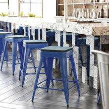 Load image into Gallery viewer, 24" High Blue Metal Counter Height Stool with Teal-Blue Poly Resin Wood Seat