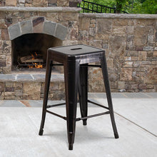 Load image into Gallery viewer, 24" High Black-Antique Gold Metal Indoor-Outdoor Counter Height Stool with Seat