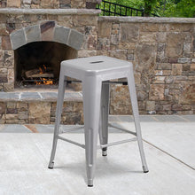 Load image into Gallery viewer, 24" High Backless Silver Metal Indoor-Outdoor Counter Height Stool with Seat