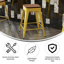 Load image into Gallery viewer, 24" High Yellow Metal Indoor-Counter Height Stool with Teak Poly Resin Wood Seat