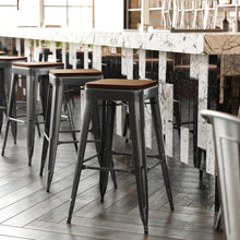 Load image into Gallery viewer, 30" High Black Metal Indoor-Outdoor Barstool with Teak Poly Resin Wood Seat