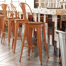 Load image into Gallery viewer, 30" High Orange Metal Bar Height Stool with Teak All-Weather Poly Resin Seat