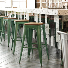 Load image into Gallery viewer, 30" High Green Metal Indoor-Outdoor Barstool with Teak Poly Resin Wood Seat