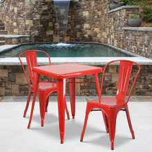 Load image into Gallery viewer, 23.75" Square Red Metal Indoor-Outdoor Table Set with 2 Stack Chairs