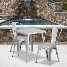 Load image into Gallery viewer, 23.75" Square Silver Metal Indoor-Outdoor Table Set with 2 Stack Chairs