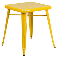 Load image into Gallery viewer, 23.75" Square Yellow Metal Indoor-Outdoor Table Set with 2 Stack Chairs