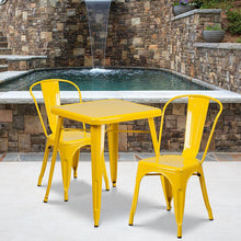 Load image into Gallery viewer, 23.75" Square Yellow Metal Indoor-Outdoor Table Set with 2 Stack Chairs