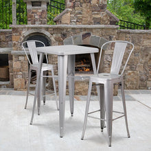 Load image into Gallery viewer, 23.75" Square Silver Metal Indoor-Outdoor Bar Table Set with 2 Stools with Backs