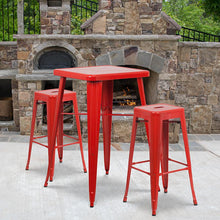 Load image into Gallery viewer, 23.75" Red Metal Indoor-Outdoor Bar Table Set with 2 Seat Backless Stools