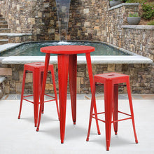 Load image into Gallery viewer, 24" Round Red Metal Indoor-Outdoor Bar Table Set with 2 Seat Backless Stools