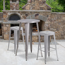 Load image into Gallery viewer, 24" Round Silver Metal Indoor-Outdoor Bar Table Set with 2 Seat Backless Stools