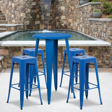 Load image into Gallery viewer, 24" Round Blue Metal Indoor-Outdoor Bar Table Set with 4 Seat Backless Stools